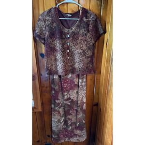 Vintage Floral Dress Set Brown Sheer Top Dress Outfit Christy‎ Lyn Size 10